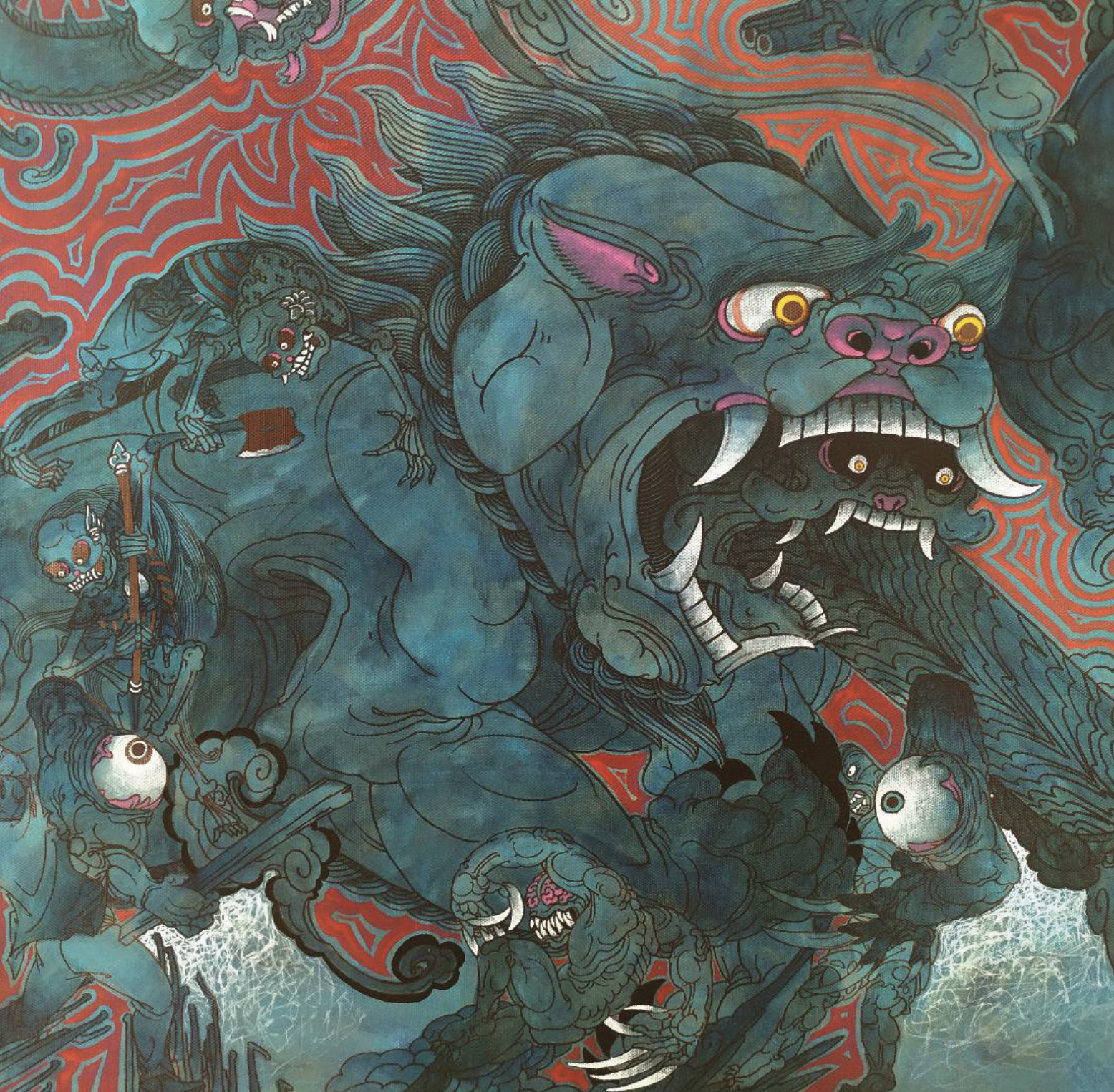 Close view of a painting: a blue mythical beast with tusks and yellow eyes, surrounded by skeletal figures against red ornament